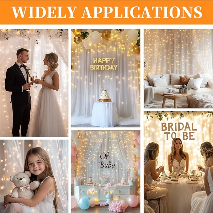 10x10ft White Tulle Backdrop Curtain with String Lights, Wrinkle-Free Sheer Wedding Backdrop for Birthday Parties, Baby Showers, Bridal Showers, Photo Shoots and Home Decorations, White