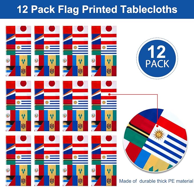 12 Pack International Flag Table Cover Patriotic Table Cloth World Country Flags Plastic Tablecloth for Festival Events Celebration Party Decorations Soccer Sports Beer Party, 108 x 54 Inch