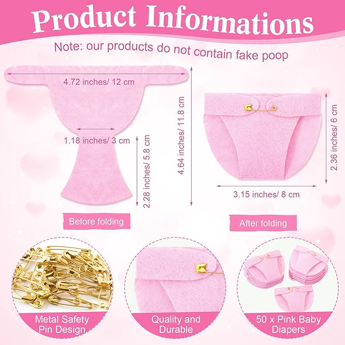 Roowest 51 Pcs Dirty Diaper Baby Shower Games Funny Wooden Sign with 50 Pcs Mini Diapers Cute Felt for Gender Reveal Party Baby Shower(Boho Pink)