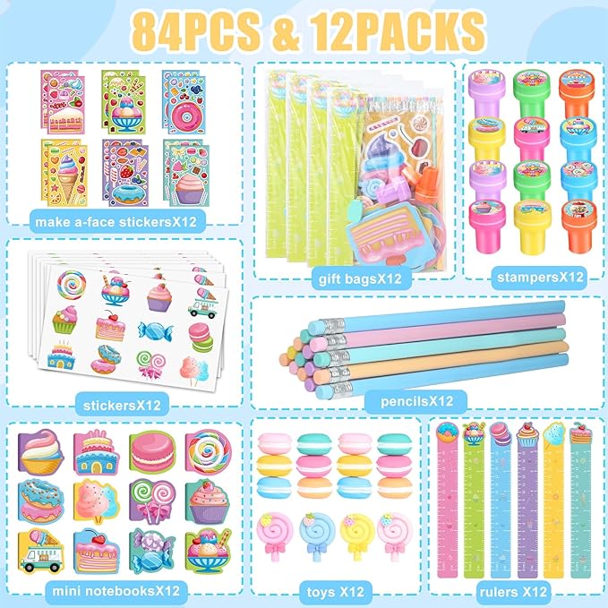BenLouis 96Pcs Candyland Party Favors Ice Cream Donut Mini Notebook Stampers School Stationery Bulk for Kids Lollipop Sweet Treats Birthday Goodie Bags Pinata Filler Classroom Prizes Supplies