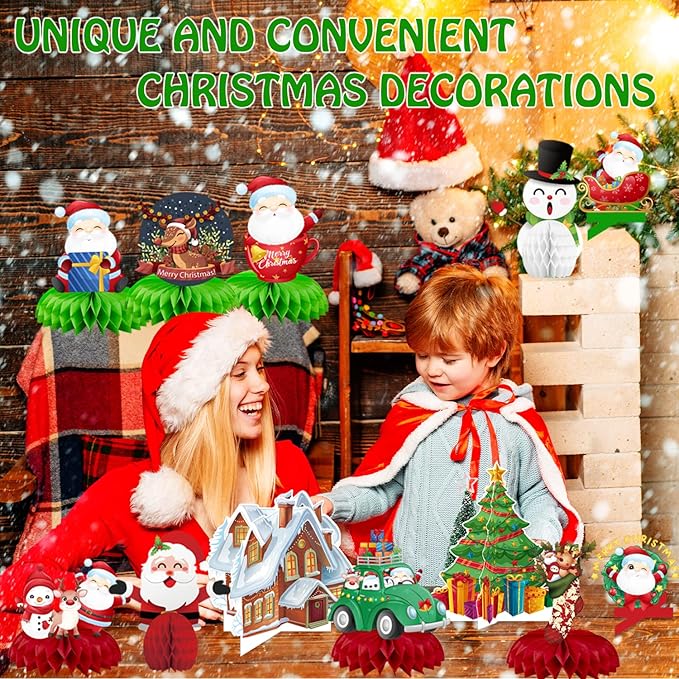 15PCS Christmas Party Honeycomb Centerpieces, Christmas Party Table Decoration With Santa Claus, Christmas Tree, Snowman for Holiday XMAS Supplies Christmas Party Supplies