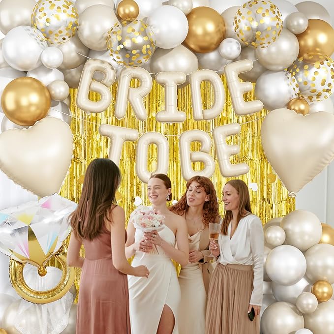 Cream Gold Bachelorette Party Decorations, Bride To Be Mylar Foil Letter Balloons with White Gold Balloons Diamond Ring and Cream Heart Balloon for Bridal Shower Decoration Engagement Hen Party Decor