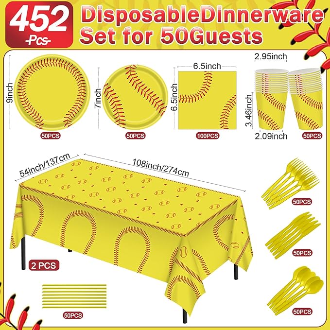 452 Pcs Softball Birthday Party Decorations for 50 Guests, Softball Paper Plates Napkins Cups Tablecloth Cutlery Straws Disposable Tableware Set for Women Men Sports Theme Party Supplies