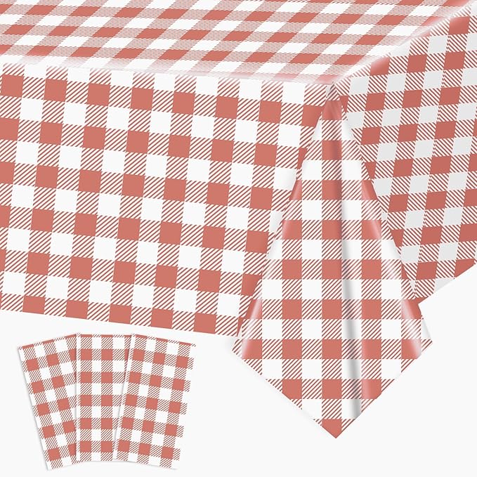 3 Pack Red and Pink Gingham Tablecloths, 54 X 108Inch Disposable Party Table Covers Scalloped Red and Pink Checkered Tablecloth