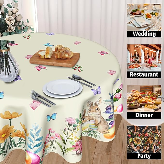Easter Bunny Round Tablecloth 70 Inch Rabbit Tablecloth Spring Farmhouse Floral Table Cover Butterfly Table Cloth for Dining Kitchen Holiday Party Decor
