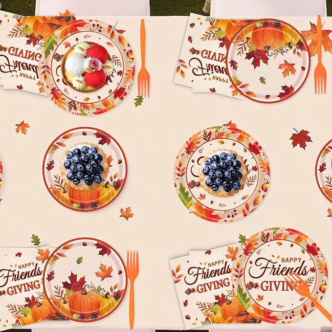 REDWORD Friendsgiving Plates, 98Pcs Friendsgiving Paper Plates-Serve 24 with Friends Giving Banner Fall Pumpkin Tablecloth Napkins for Fall Thanksgiving Friends giving Party Decorations
