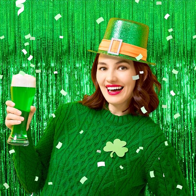 3 Pack Green Foil Fringe Curtain Backdrop, 3.28Ft x 8.2Ft Metallic Tinsel Foil Fringe Streamer Curtains for Photo Booth, Mother's Day, Easter, Birthday, Wedding Party Decorations
