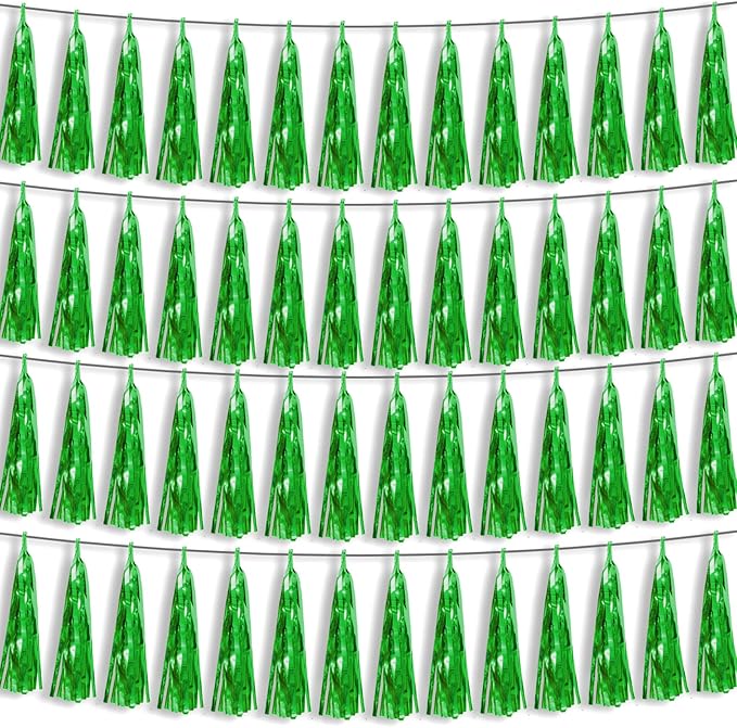 4P Green Foil Fringe Metallic Streamers Banner Tassel Garland for Parade Floats, Bachelorette, Wedding, Birthday, Halloween, Christmas, Bridal/Baby Shower Party Decorations