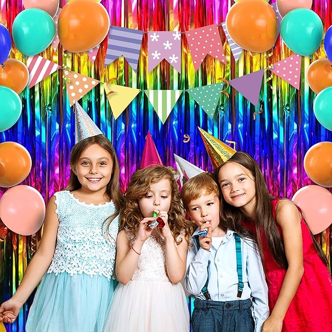 3 Pack Rainbow Foil Fringe Curtains Backdrop, 3.28 x 8.2 Ft Metallic Streamers Tinsel Curtains Background for Photo Booth, Birthday, Halloween, Christmas, Thanksgiving, New Year Party Decorations