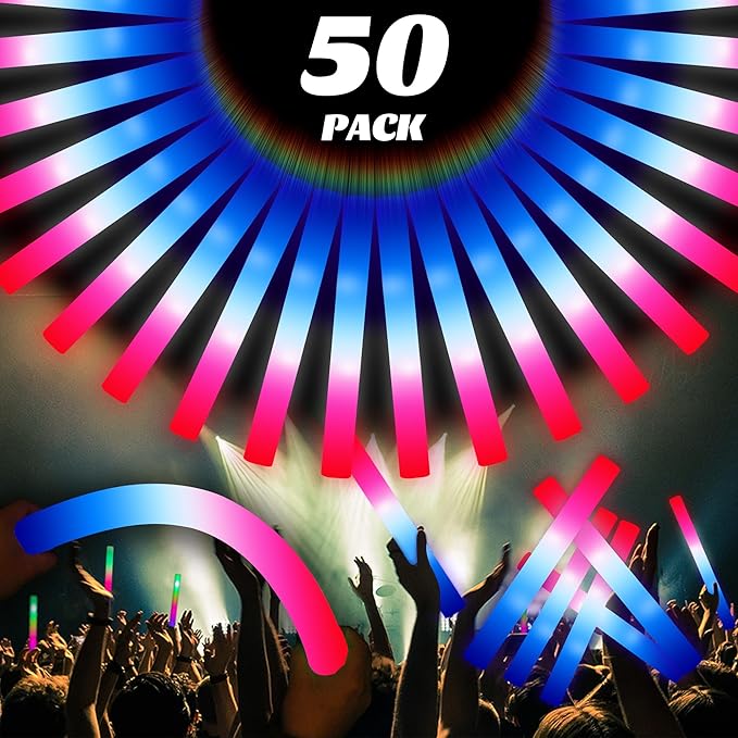 50Packs 3 Colors Foam Glow Sticks Red White Blue, Patriotic Events Parades, Party Decorations, Light up Glow in Dark Bulk Supplies For Party,Wedding,4th of July,Campaign Night