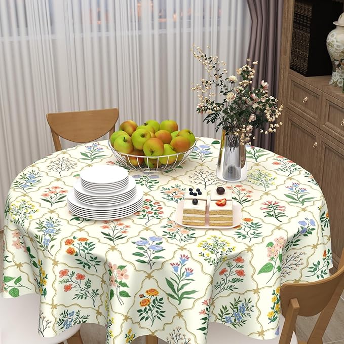 Spring Floral Round Tablecloth Wildflower Circle Table Cloth 70 Inch Beige Vintage Rustic Farmhouse Table Cover Washable Polyester Indoor for Home Kitchen Dinning Party Decor