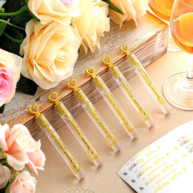 Shappy 100 Pcs Wedding Bubble Bulk Wedding Party Favors Bubble Wand for Guests Send Off with Stickers for Bridal Shower Anniversaries Celebration Goody Bag Stuffers Filler (Gold Heart)
