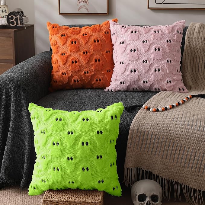 DFXSZ Halloween Pillow Covers 20x20 inch Set of 2 Green Ghost Throw Pillow Cases Soft Plush Faux Fur Wool Couch Cushion Case for Chair Sofa Bedroom Living Room Home Decor PTK03Y20