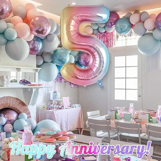 Rainbow Gradient Number 5 Balloon, 40 Inch Big Large Foil Number Balloons, Jumbo Mylar Number 5 Balloons for 5 Year Old Birthday Party Decorations Supplies Anniversary Celebration
