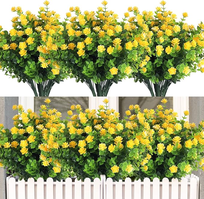 RECUTMS 12 Bundles Outdoor Artificial Flowers UV Resistant Fake Boxwood Plants, Faux Greenery for Indoor Outside Hanging Plants Garden Porch Window Box Home Wedding Farmhouse Décor（Yellow）