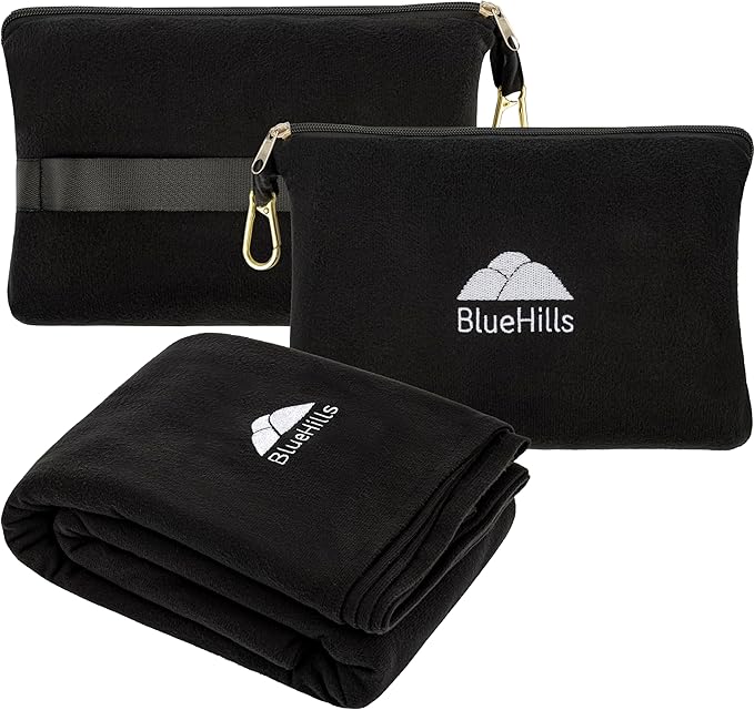 BlueHills Travel Blanket Pillow Compact Lightweight Pocket Size Airplane Traveling Essential Flight Trip Throw in Bag Portable Case Plane Accessory Black L05