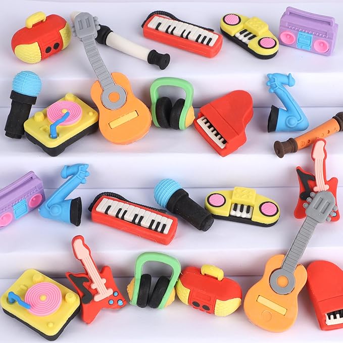 24 Pcs Erasers for Kids, Mini Pencil Eraser Bulk Classroom Prizes, Fun Puzzle Erasers for Preschool Elementary Student, Back to School Supplies (Musical Instrument)