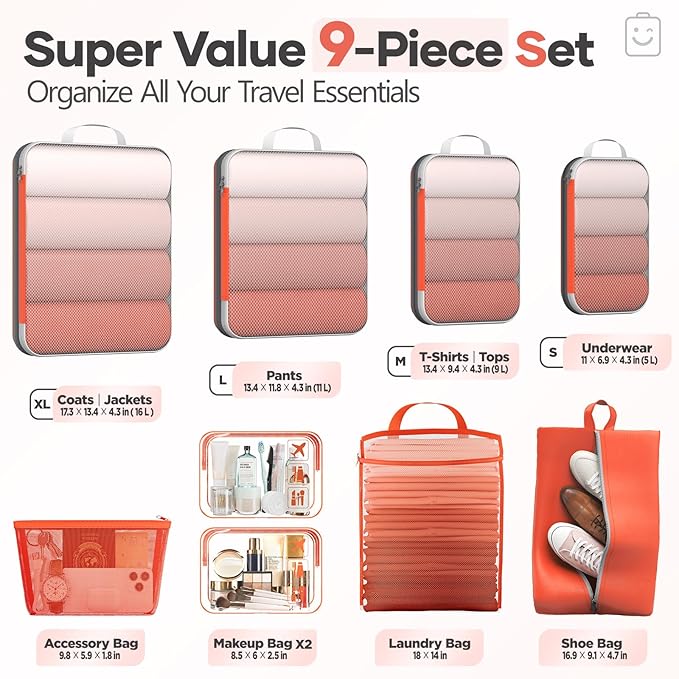 Veken 9/11 Set Compression Packing Cubes for Travel Essentials,Compressible Expandable Large Luggage Suitcase Organizer Bags for Clothing,Durable Space Saver Storage Bags with Toiletry Bags(Orange)