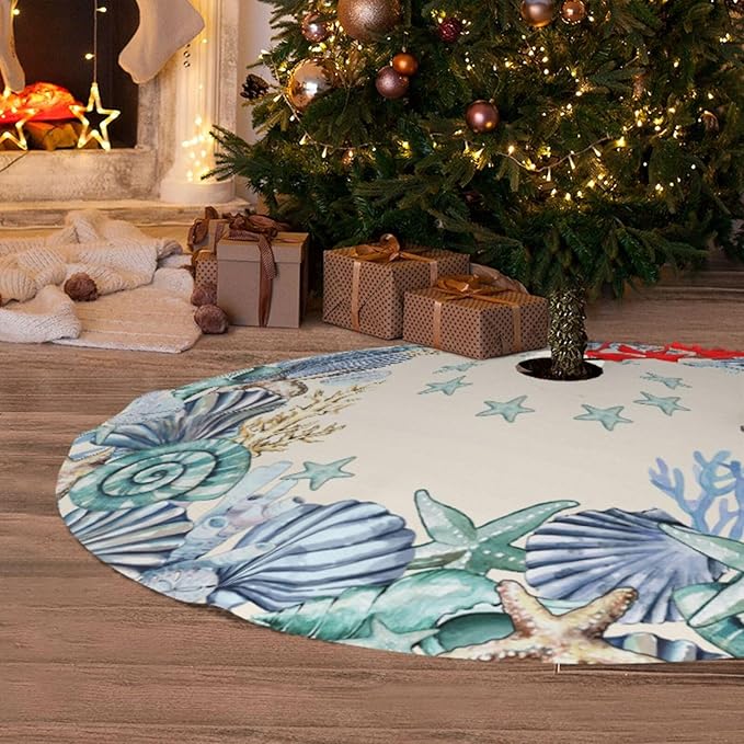 Shell Coastal Wreath Beach Starfish Sea Theme Seahorses Christmas Tree Skirt Xmas Tree Mat Halloween Christmas Tree Ornaments Decorations Holiday Party Indoor Outdoor 48"