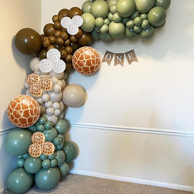 Jungle Safari Balloon Garland Arch Kit, 118pcs Sage Green Brown Balloons Arch Animal Print Latex Balloons with 4D Giraffe Foil Balloons for Tropical Wild Theme Boys Birthday Baby Shower Wedding