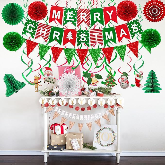 Fecedy MERRY CHRISTMAS Hanging Paper Banner Pom poms Paper flower Fan Swirl Streamers&Christmas tree Santa Claus Banner For Merry Christmas Party Decorations