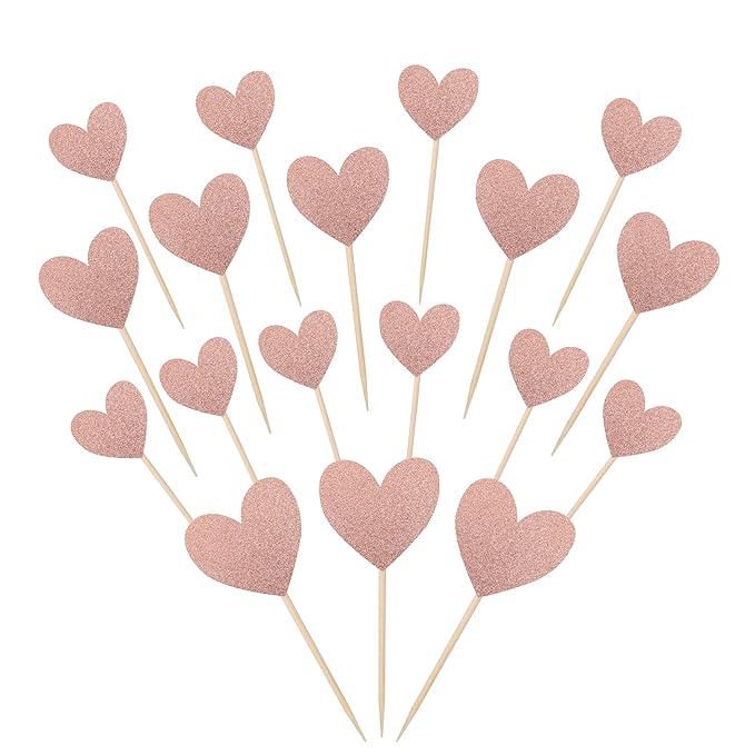 30 PCS Love Heart Cupcake Toppers Glitter Mixed Size Wedding Engagement Cupcake Picks Decorations for Wedding Anniversary Bridal Shower Birthday Valentine's Day Party Supplies Rose Gold