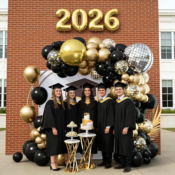 Black and Gold Balloons Garland Arch Kit, 18 12 10 5 Inch Black Metallic Gold Balloon Arch Kit, Champagne Gold Party Decorations with 4D Disco Balloon for Graduation Birthday Retirement New Year