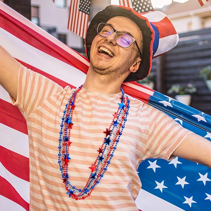 4th of July Accessories, 24PCS Fourth of July Patriotic Beads Necklaces Bulk, Independence Day Red Blue White Stars Round Beads, Patriotic Necklace for Parade Party Favors Decorations
