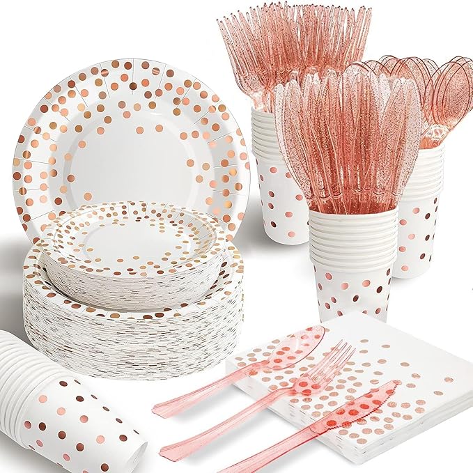 AIRE 175PCS White and Rose Gold Paper Plates Party Supplies for 25 Guests Party Decorations Dinnerware Rose Golden Dot Paper Plates Napkins Cups Gold Plastic Forks Knives Spoons for Wedding Birthday