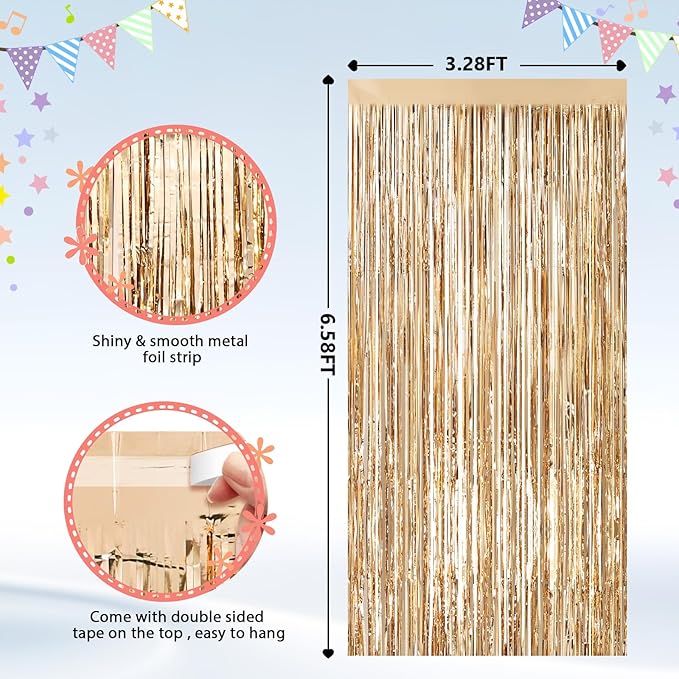 2Pack Champagne Gold Foil Fringe Backdrop Curtains, Tinsel Door Streamers, Fringe Backdrop for Graduation New Years Eve, Graduation, Birthday, Wedding, Baby Shower, Gender Reveal, Disco Party Decors