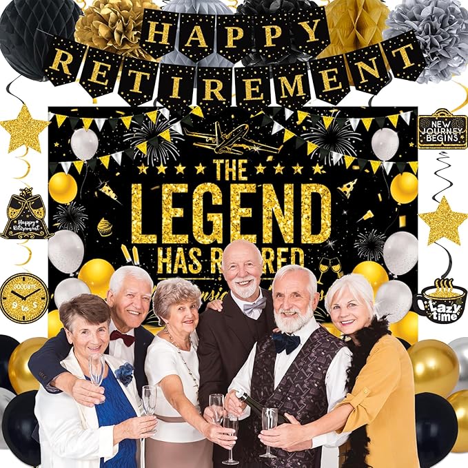 Retirement Party Decorations Men Women, Black Gold Happy Retirement Decorations, Happy RetIrement Banner, Retired Backdrop, Balloons, Pompoms, Hanging Swirls, Retired Cards, Cake Toppers Set 54pcs