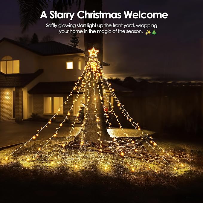 WBao 344 LED Christmas Lights Outdoor Decorations with 12" Star Topper, 11.9ft Waterfall Christmas Lights, Remote Control 8 Modes, Timer, UL Listed Waterproof for Tree Roof Porch Decor, Warm White