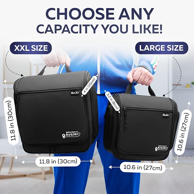 Extra Large (11.8”x11.8”x4”) Hanging Travel Toiletry Bag for Men and Women - Cosmetic Travel Bag With Shoulder Strap - Waterproof Hygiene Bag with Metal Swivel Hook and 19 Compartments for Toiletries