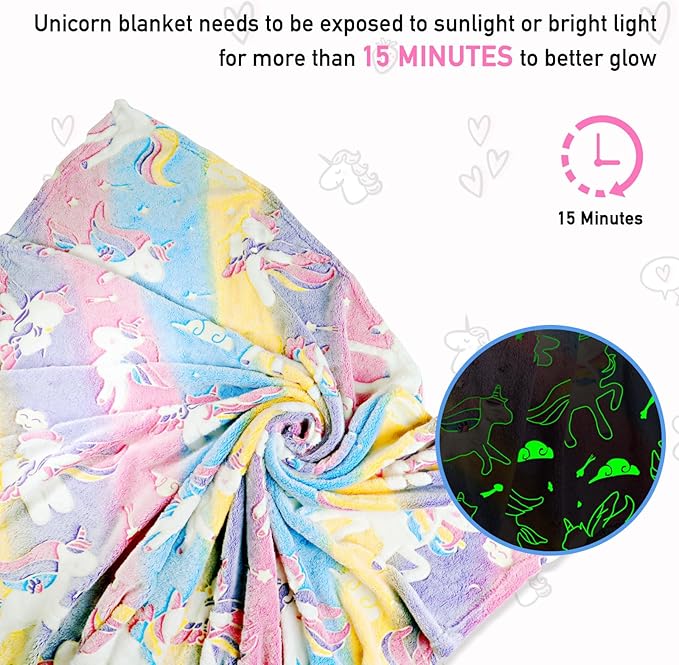 Unicorn Glow in The Dark Kids Blanket, Soft Fleece Throw 50"x60" for Girls & Boys, Ages 3-12