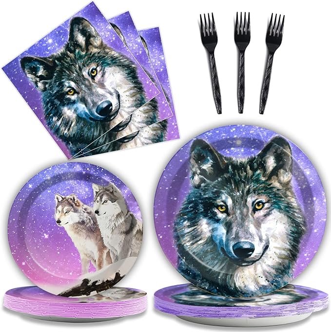 96 Pcs Wolf Party Plates Napkins Tableware Set Wolf Animal Birthday Supplies Disposable Dinnerware Wolves Decoration Favors for Boys Girls Birthday Baby Shower, 24 Guests