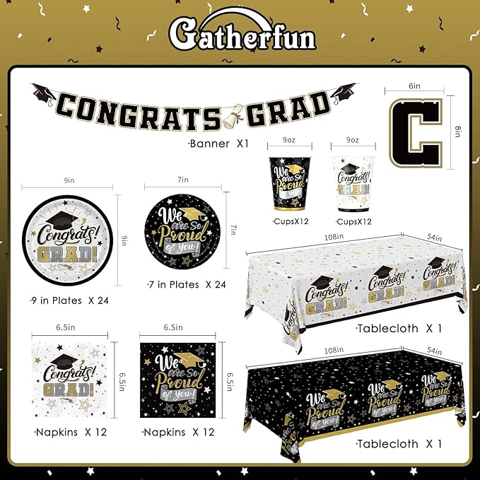 Graduation Decorations 2025 Black and Gold Grad Party Supplies with Disposable Plates, Napkins, Tablecloth, Cups and Congrats Grad Banner for 24 Guests - Graduation Party Decorations