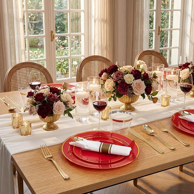 350Pieces Red Plastic Plates with Gold Rim Include 50Dinner Plate 10inch 50Dessert Plate 7inch 50 gold Cups 9 OZ, 50 Pre Rolled Napkins for Party Baby Shower Wedding Spring
