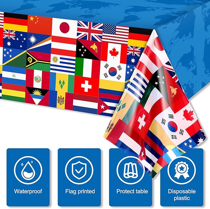 3 Pack International Flag Table Cover Patriotic Table Cloth World Country Flags Plastic Tablecloth for Festival Events Celebration Party Decorations Soccer Sports Beer Party, 108 x 54 Inch