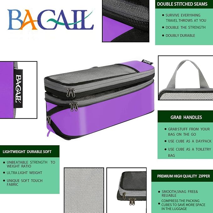 BAGAIL 4 Set/6 Set/8 Set Compression Packing Cubes Travel Accessories Expandable Packing Organizers(Purple HalfMesh 6 Set)