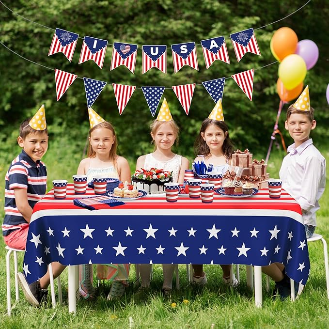 American Flag Themed Party Decorations, 170 Pcs Patriotic Party Decorations Including Banner, Plates, Cups, Napkins, Cutlery, Straws and Tablecloths, Serves 24