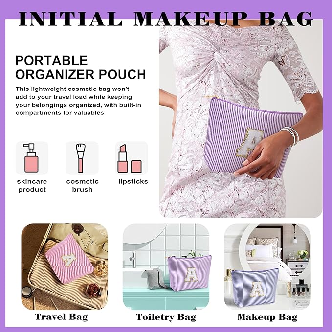 Travel Essentials - Portable Travel Makeup Bag Set for Women, Portable Initial Travel Toiletry Bag, Makeup Pouch Organizer Cosmetic Bag Birthday Gifts for Women, Purple Letter D