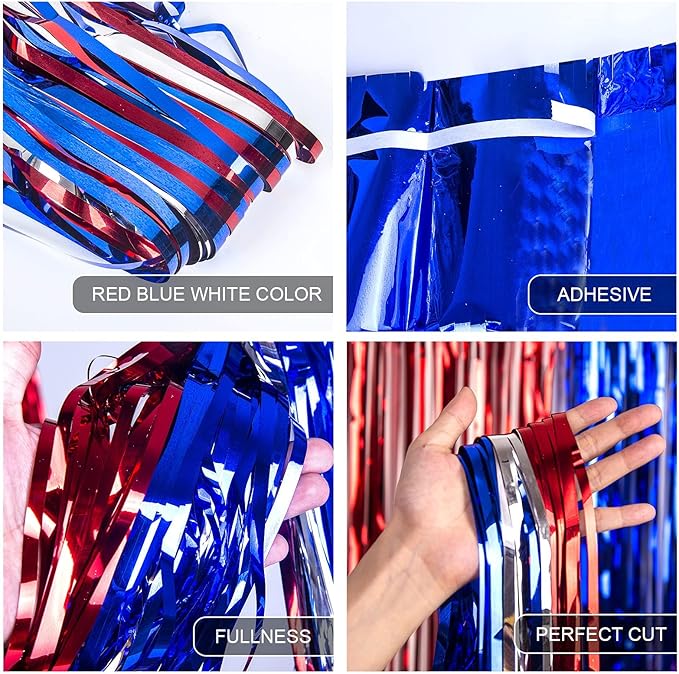 LOLStar 4th of July Decorations, 3Pack Red White and Blue Decorations Streamers Patriotic Foil Fringe Curtains Photobooth Props Party Backdrop for USA Themed Olympics Election Veterans Day Decor