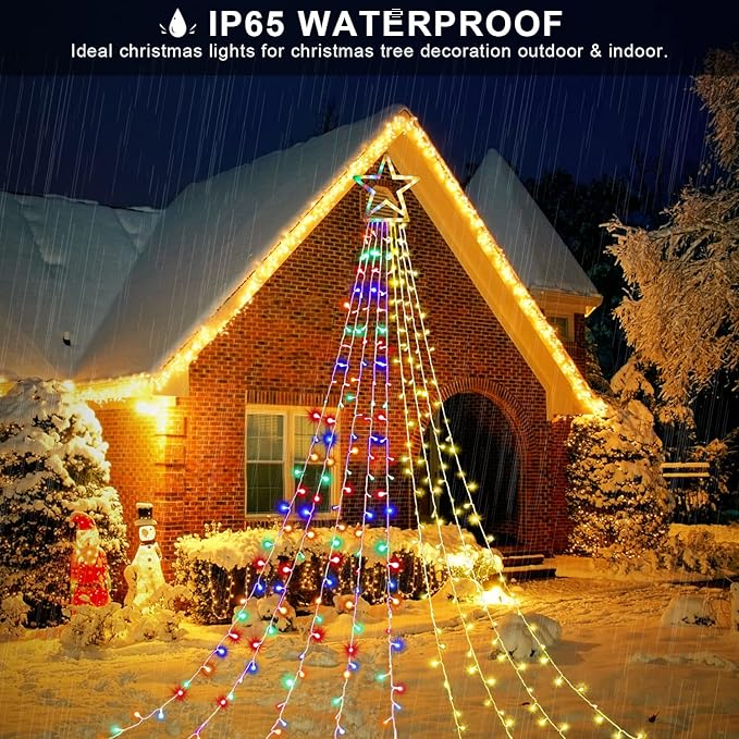 PUHONG Color Changing Christmas Lights, 4 in1 Outdoor Star String Lights, 320 LED Christmas Decoration Lights [11 Modes & Waterproof & Remote] for Halloween Xmas New Year Holiday (Warm+Multicolor)