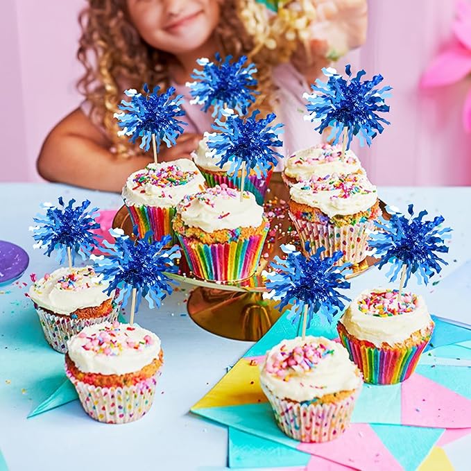 Gyufise 30Pcs Foil Firework Cupcake Toppers Happy Birthday Cake Toppers Sparkle Tinsel Flower Drink Stirrers Cocktail Food Fruit Toothpicks for Valentine's Day Party Supplies Blue
