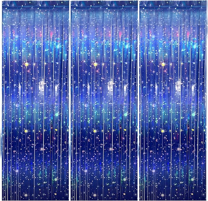 6 PCS Galaxy Foil Curtains Backdrop for Space Themed Party Decorations, 3.3 x 6.6 ft Blue Iridescent Tinsel Curtains, Foil Fringe for Photo Booth, Outer Space Birthday or Alien Party