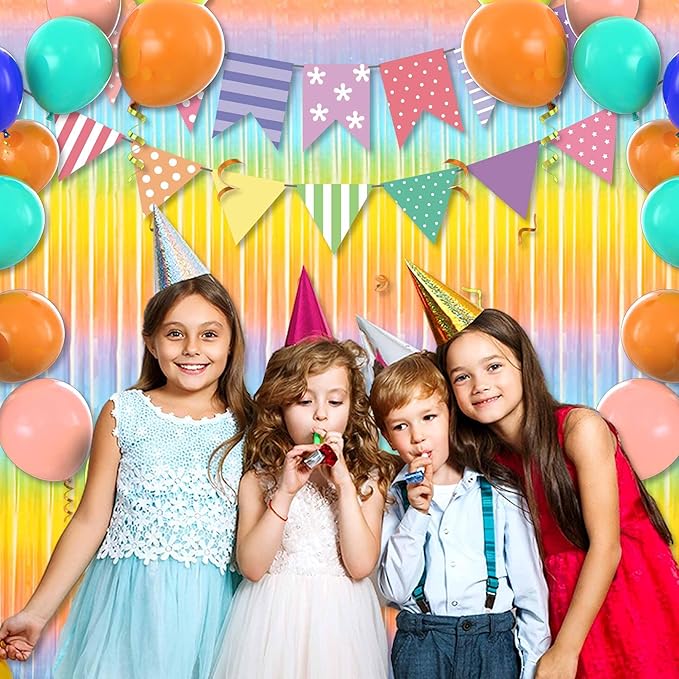 6 Pack Light Rainbow Foil Fringe Curtains Backdrop, 3.28 x 9.8 Ft Metallic Streamers Tinsel Curtains Background for Photo Booth, Birthday, Halloween, Christmas, New Year Party Decorations