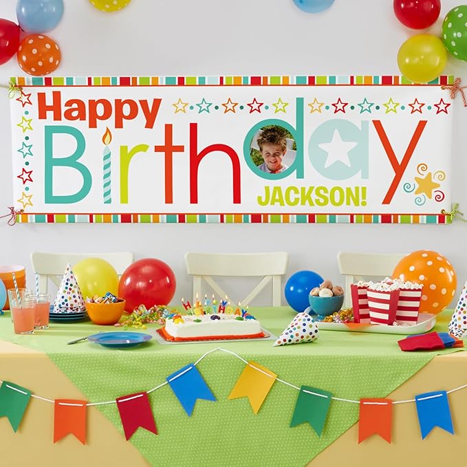 Let's Make Memories Personalized Birthday Banner - Kids Party Decorations - Custom Happy Birthday Banner - Indoor/Outdoor Vinyl - Any Text and Photo - Pink Multi - 8ft