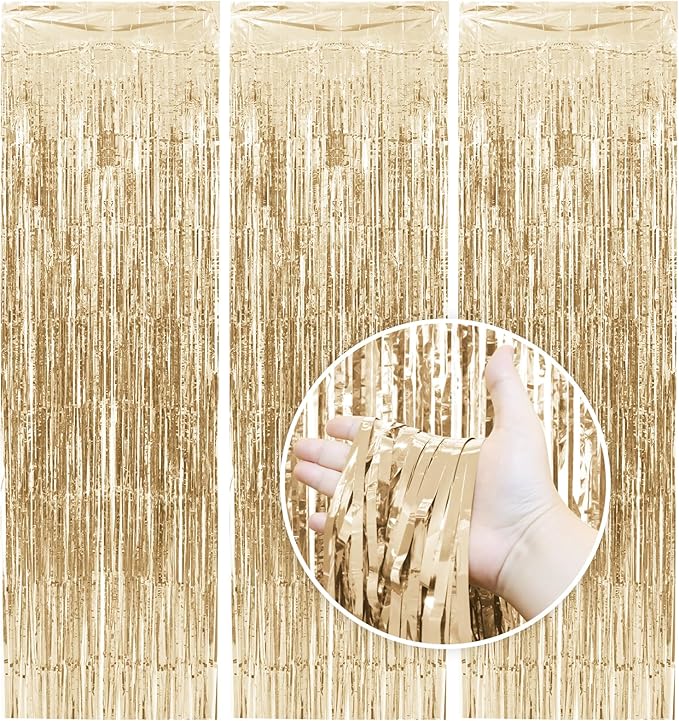 Homiest 3 Pack Champagne Tinsel Backdrop, 3.3x6.6 FT Metallic Tinsel Foil Fringe Curtains Party Decorations, Birthday Door Streamers for Baby Shower Wedding, Photo Booth Props Background Wall Decor