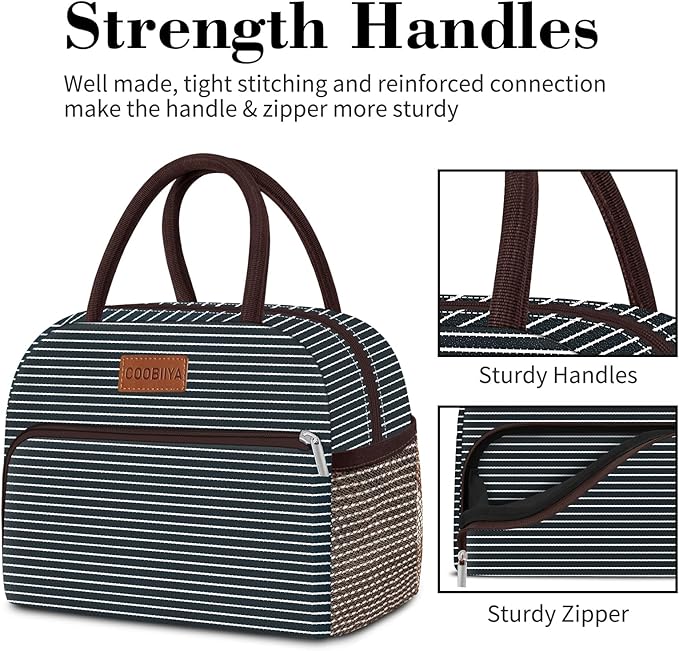 Coobiiya Lunch Bag Women, Lunch Box for Women Adult Men, Small Leakproof Cute Lunch Tote Large Capacity Reusable Insulated Cooler Lunch Container for Work/Office/Picnic/Travel-Stripe