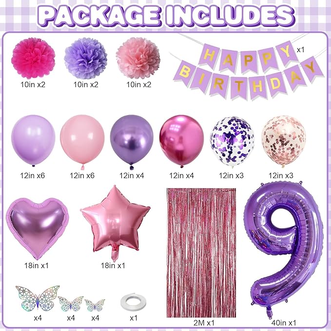 Pink Purple 9th Birthday Party Decorations for Girls Number 9 Balloon Happy Birthday Banner Butterfly Stickers Fringe Curtain Paper Pom Poms Metallic Hot Pink Star Foil Balloons 9 Year Old Princess